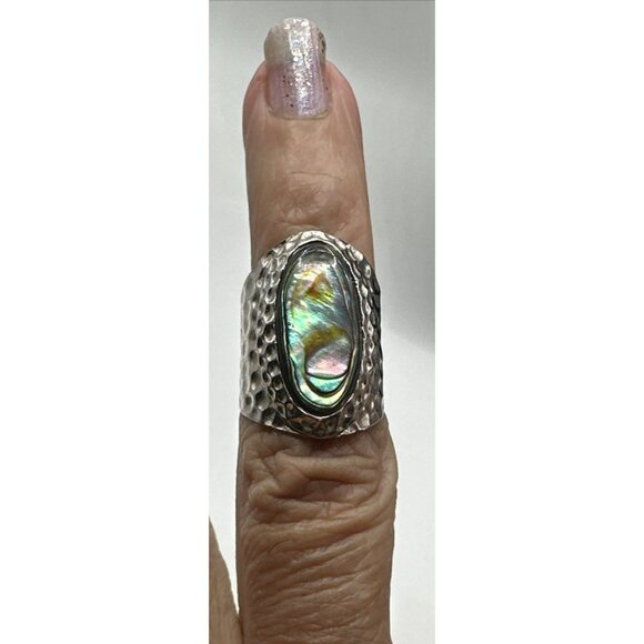Abalone silver hammered ring size 5 signed 925 CFJ  Thai - Picture 1 of 9